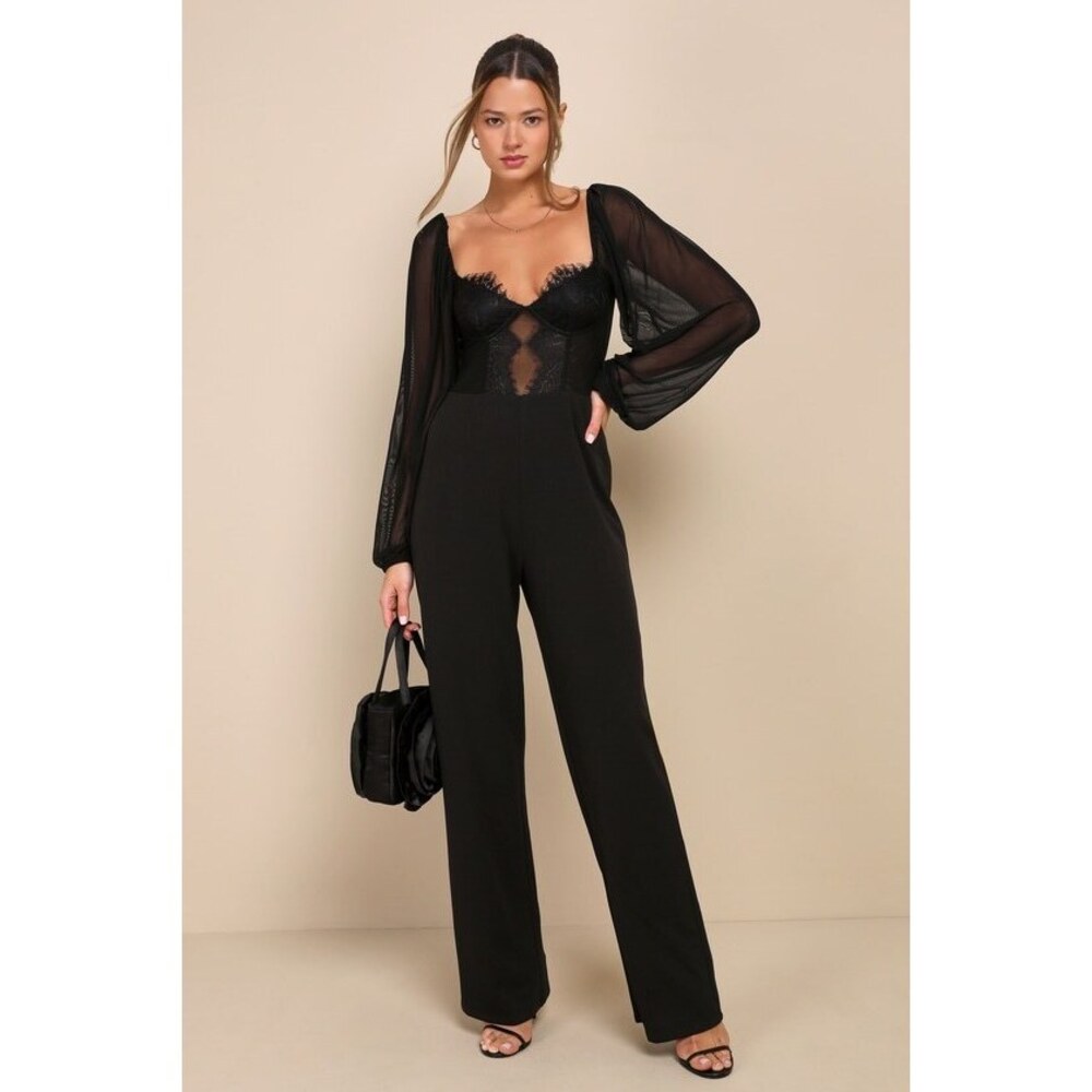 Lulus Instant Attraction Black Mesh Lace Long Sleeve Bustier Jumpsuit - Size S